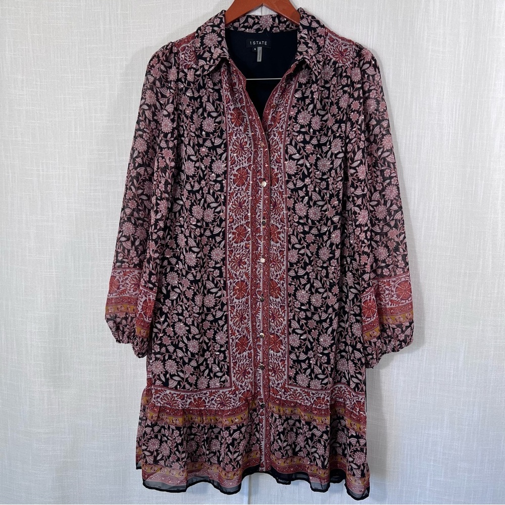 1. State NWT Floral Gold Metallic Button Front Bell Sleeve Boho Dress Sz S